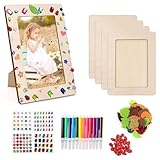 Sugfews 4 Stück Bilderrahmen Holz Set zum Bemalen, DIY Holzbilderrahmen mit 12 Wasserfarben, Glitzersteine, Moosgummi Sticker, 3D Aufkleber, DIY-Bastelkit für Kinder, 20 x 15 cm
