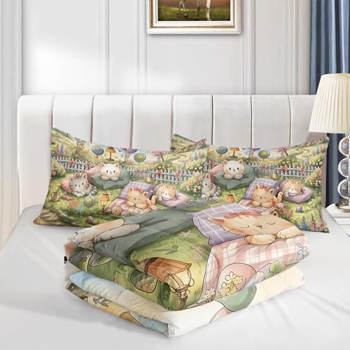 Image of AILONEN Cute Cat Comforter Set Twin Size 3 Pieces Kawaii Kittens Garden Bedding for Girls Kids Cartoon Animal Quilt Pink Flower Green Grass Meadow Duvet Alternative Soft Microfiber Sleeping Covers