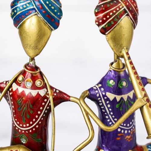 Image of Sitting Sardar Set of 2 Multicolour Handcrafted Rajasthani Musician Figurines, Traditional Metal Table Decor Showpiece for Office Desk, Corporate Bulk Gifting (2x10x16 cm)