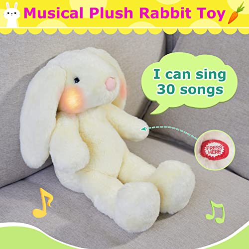 White Musical Bunny Stuffed Animal Plush Rabbit Baby Toy, Light Up Bunny Huggable Stuffed Rabbit With Shaking Floppy Ears, Cuddly Soft Bunny Led Easter Birthday For Baby Kid Toddler #TOP3
