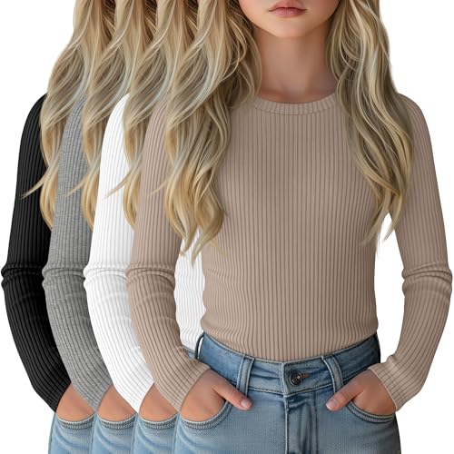 Image of 4 Pack Girls Long Sleeve Shirts Ribbed Knit Cotton Crewneck Tops Slim Fit Soft Casual Kids Base Layer Undershirts