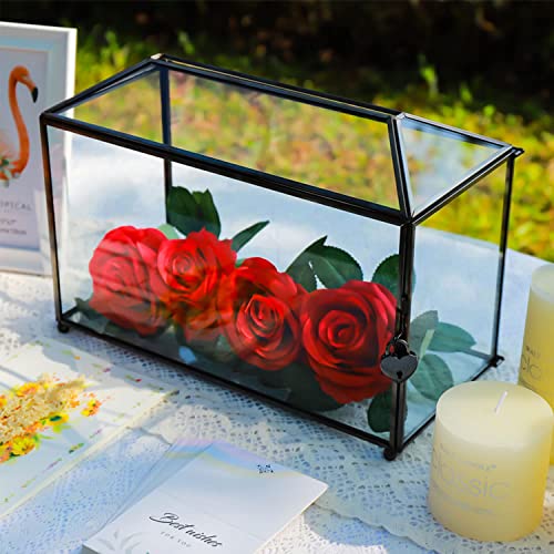 Glass Wedding Card Box Gold With Slot And Heart Lock Handmade Clear Brass Geometric Terrarium Planter Gift Card Storage Box For Wedding Reception Graduation Ballot (12.6 X 5.9 X 9 Inch, Black) #TOP5