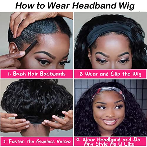 JCL Curly Headband Wig Human Hair 180% Density 12 Inch Headband Wigs for Black Women Deep - image 6