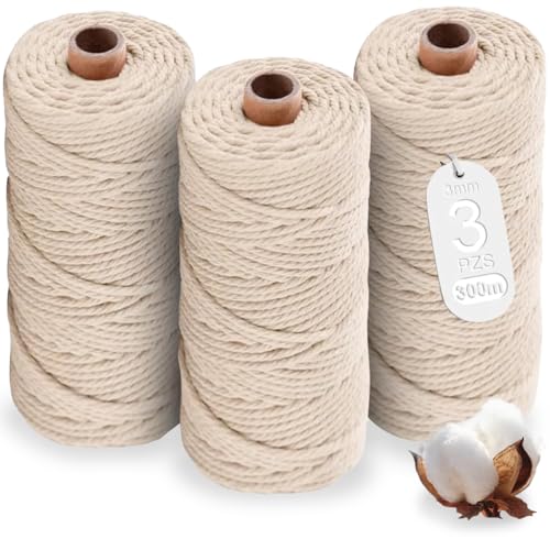 Reviews de Hilos de pespuntar los más recomendados. 43 3 Piezas Hilo para Macrame, Hilo de Algodon(3 mm x 100 m), 100% Cuerda de Macramé de Algodón Natural, Para Tapices Hechos a Mano, Manualidades, Tejido y Envoltura de Regalos y...