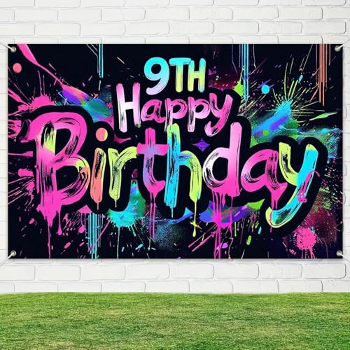 Image of HOMETITUTE Neon 9th Happy Birthday Banner 71x43 Inch Paint Splatter Glow in The Dark Party Backdrop Colorful Wall Decor for Kids Boys Girls Ninth Birthday Celebrations Photo Booth Props Event