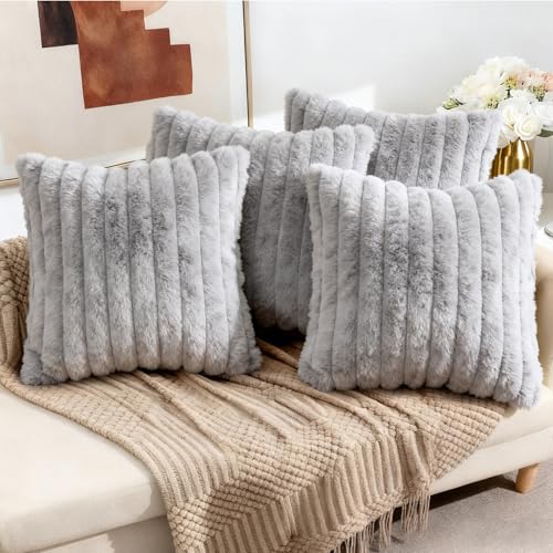 Wusboo Housses de Coussin 40×40cm, 4 Pièces Coussin Doux Gris Clair en Velours Doux, Coussin Doux...