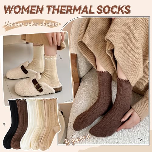 Eyean Womens Merino Wool Ruffle Socks Knit Warm Boot Winter Cozy Thermal Hiking Dress Crew Frilly Socks 5 Pairs2