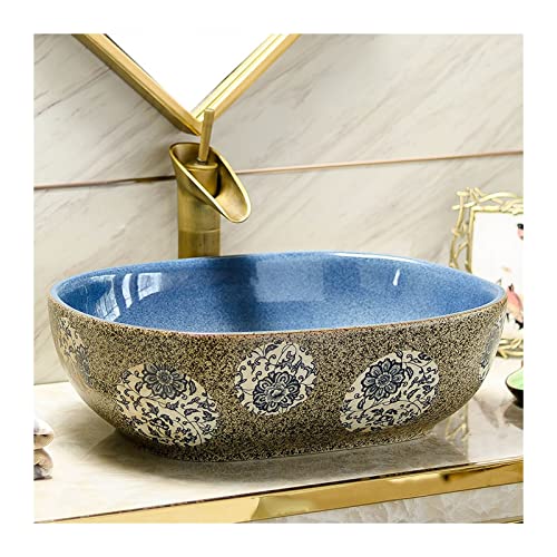 Fregadero de cerámica para baño, lavabo ovalado de porcelana de 18.9 x 15.3 pulgadas, con patrón colorido para lavabos pequeños, lavabos de baño (talla única)