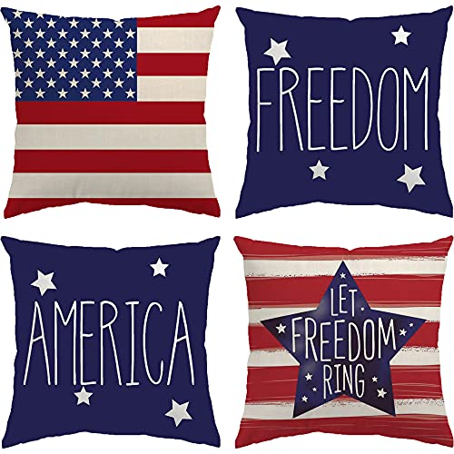 4th of July Decorations Pillow Covers 18x18 Independence Day Memorial Day Set of 4 American Flag Stars and Stripes Patriotic Throw Pillow Covers USA Freedom Pillows Decor