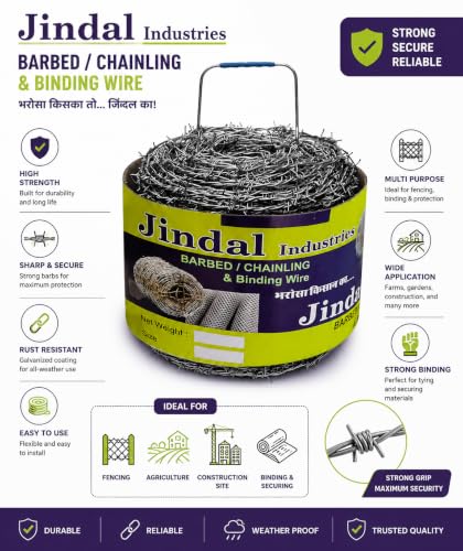 Image of Jindal Barbed Wire for Fencing Wire 2 MM Thickness 14 Gauge Alloy Steel Wire with Hook Approx. Length 180 Meters (600 FEET Length)
