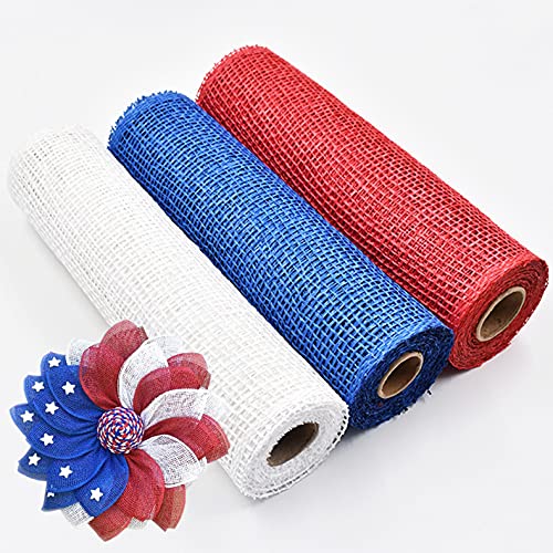 Patriotic American Flag Sunflower Wreath DIY Kit Red White Blue Poly Burlap Deco Mesh 10 Inch X 5 Yard 4th of July Door Decor Independence Day Wreath (A)