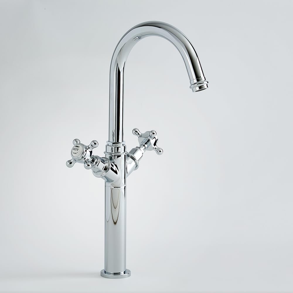 Milano Chrome & White Elizabeth High Rise Bathroom Basin Mixer Tap Crosshead Handles - Chrome And White