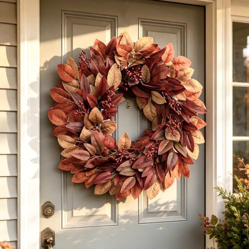 Image of DN DECONATION Fall Wreath for Home Front Door Decor, Decorations for Wall | 22in Autumn Brown Wreath, Artificial Leaves, Red Berry Clusters, Perfect for Thanksgiving Harvest Farmhouse Outdoor Indoor
