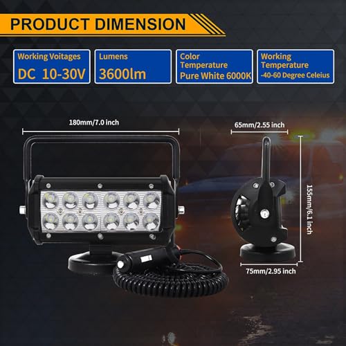Willpower 1 Pcs LED Arbeitsscheinwerfer mit magnetfuß, 7 Zoll 36W Strahler led fernscheinwerfer, Led Scheinwerfer 12v für Auto Bagger Anhänger Traktoren LKW SUV offroad, YQ-02-3D-36W-PMB-S-1