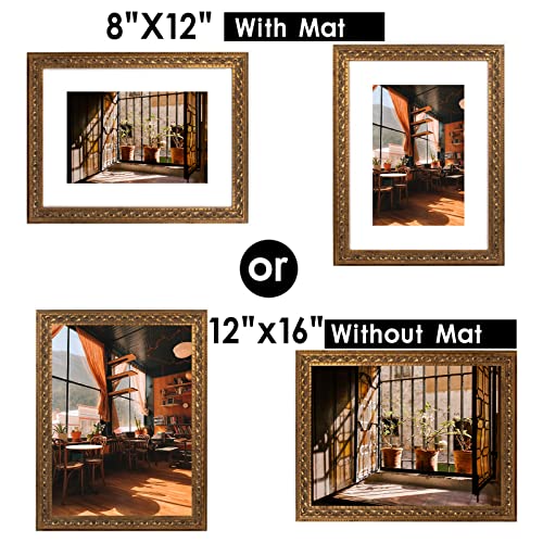 Image of Golden State Art, 12x16 Ornate Bronze Color Frame - White Mat for 8x12 Photo - Complex Molding Design - Wall Mounting - Portrait /Landscape - Tempered Glass