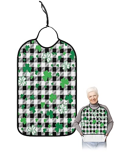 St. Patrick's Day Adult Bibs for Eating, Waterproof Bibs with Food Catcher & Adjustable Snap Closure, Green Lucky Clover on Black and White Buffalo Plaid Clothing Protectors Adult Bibs for Elderly
