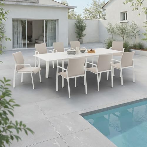 IDIMEX Gartenmöbel Set Verano, weiß/beige - mit 8 Stühlen und ausziehbarem Gartentisch, Aluminium...