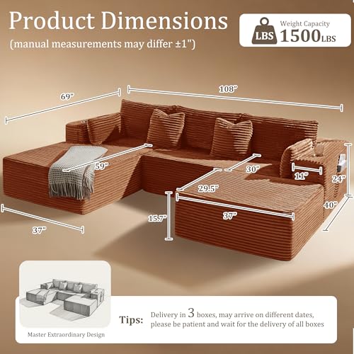 Image of 108 inch Cloud Sectional Couch, Comfort U Shaped Boneless Couch for Living Room, Extra Deep Seats No Assembly, Minimalist Modular Sofa, Corduroy (Deep Orange, 2 Seater+Right Facing Chaise+Ottoman)