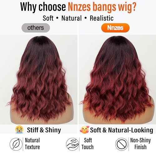 Image of Nnzes Ombre Red Wig with Bangs for Women Bob Wavy Synthetic Wigs with Natural Shoulder Length Curly Heat Resistant Hair for Daily Party Use