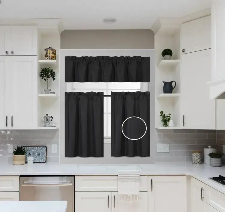 New Versatil 3pc Set Solid Rod Pocket Small Window Panel Dressing Foam Lined Blackout Curtain Treatment Drape (K3) (Black)