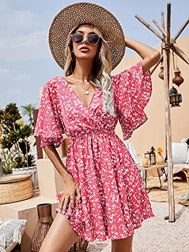 Image of Floerns Women's Tropical Floral Plunging V Neck Tie Open Back Summer Short Dress