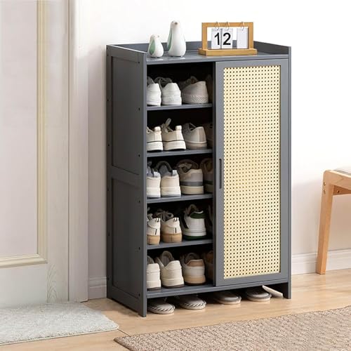 Armario de almacenamiento de zapatos de bambú con puerta corredera de ratán, organizador independiente para entrada, pasillo, oficina, solución de almacenamiento en el piso (gris, 60 x 32 x 93 cm)