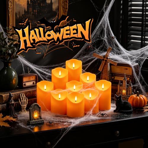 Image of Eebuss Flameless Candles with Remote Timer, Battery Operated Realistic Flickering LED Candles, 9 Packs Fake Candles for Home Decor (D3 x H 3 inch 4 inch 5 inch 6 inch 7 inch) Orange