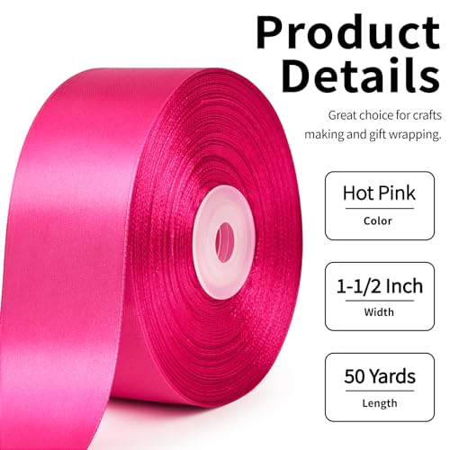 Image of Mauproy 1-1 /2 Inch Wide Hot Pink Satin Ribbon, 50 Yards Solid Polyester Fabric Ribbon for Roses Making, Gift Wrapping, Flower Bouquets, Wedding Decorations, Handemade Crafts