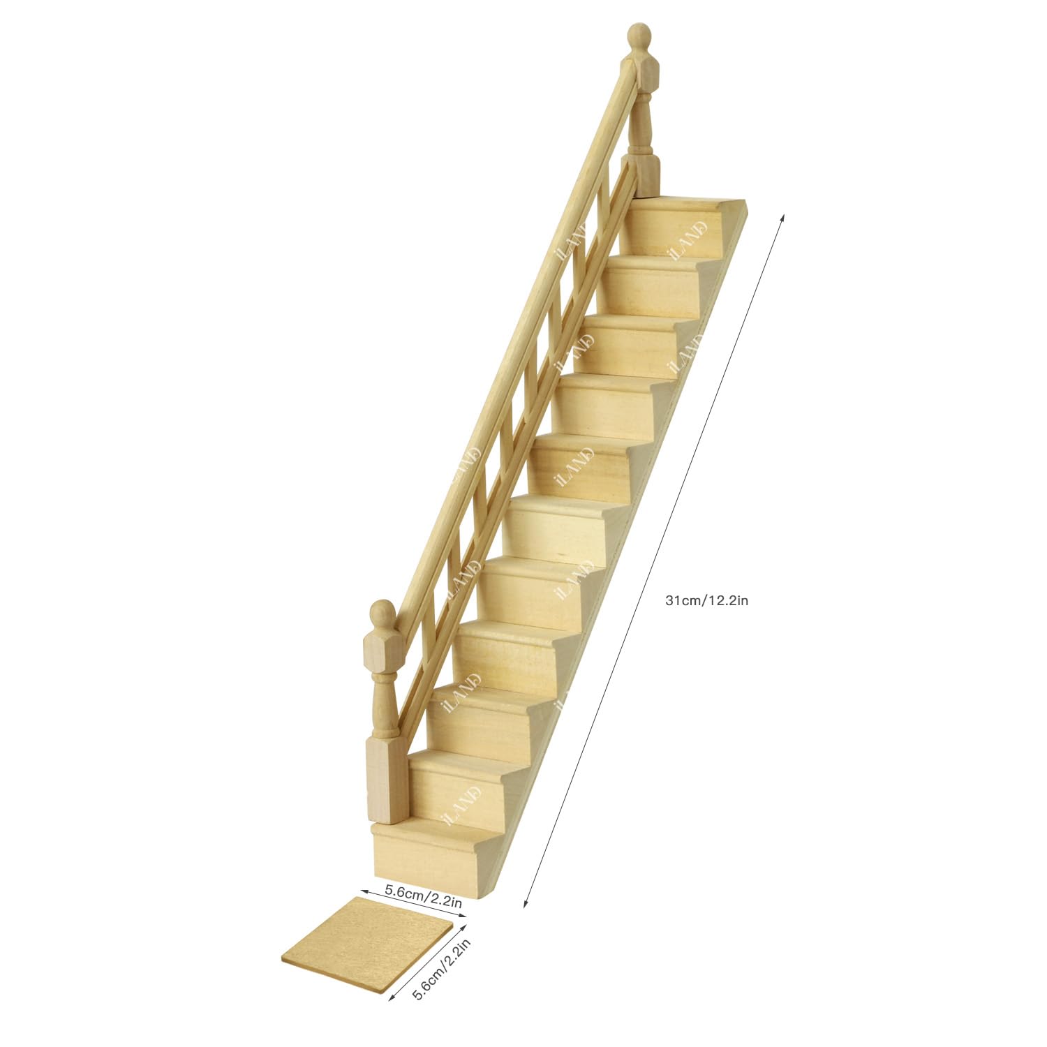 iLAND Miniature Dollhouse Stairs, 1/12 Scale Accessories, Wooden 2 Sets Adjustable with Handrails & Corner Boards