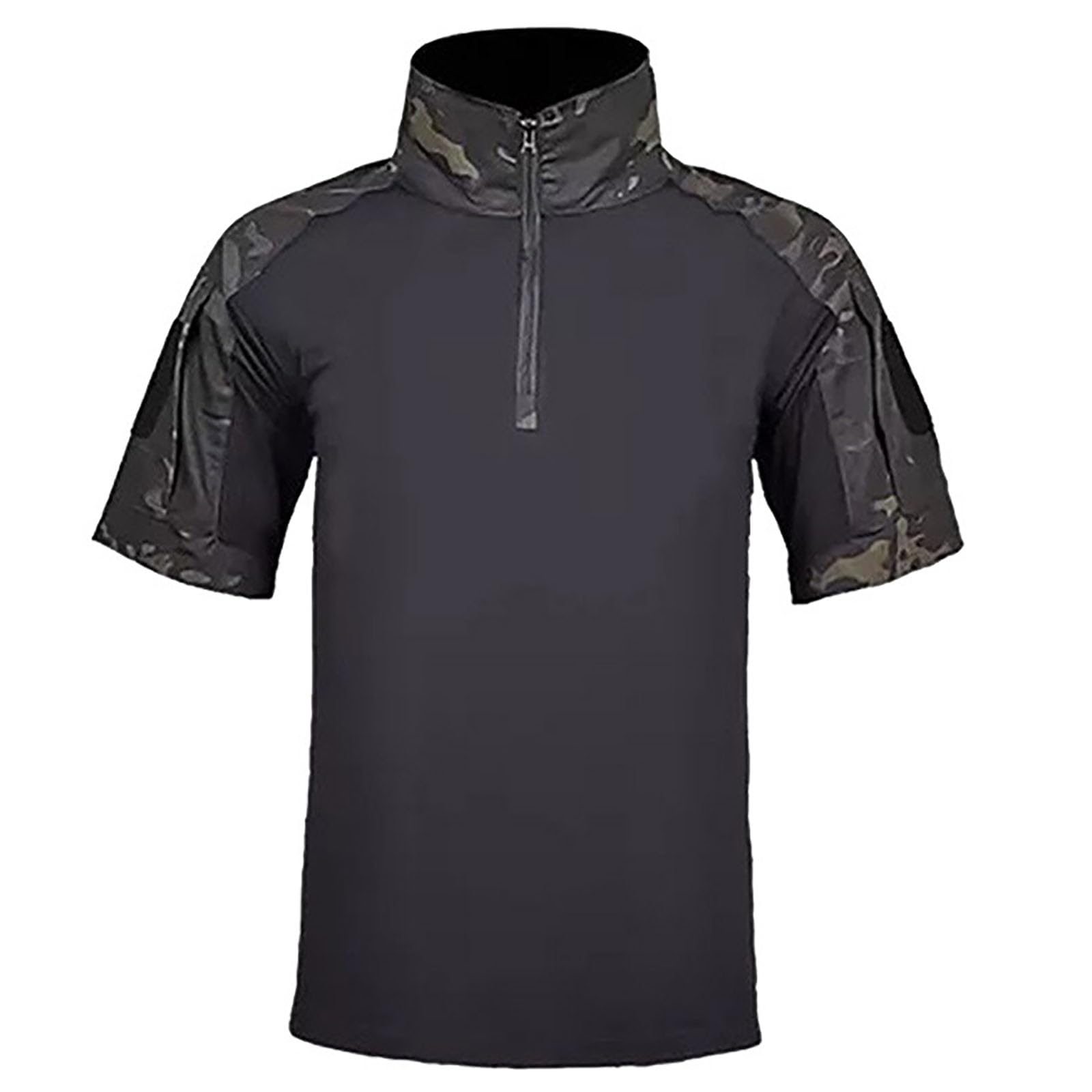 Kinroco Men's Black Cp Tactical Camo Short Sleeve Zipper T-Shirt Army Combat Outdoor Quick Dry Tee Tops(Size:l,Color:black Cp)