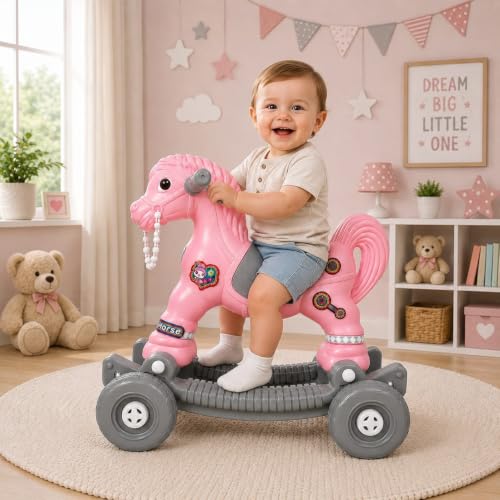 Image of AGHOR II Baby Horse Rocker Ride-On Toy for Kids c, Pink & Grey | Wooden Rocking Horse | Indoor Play | Stable Design | Multicolour Finish | Gift for Toddlers