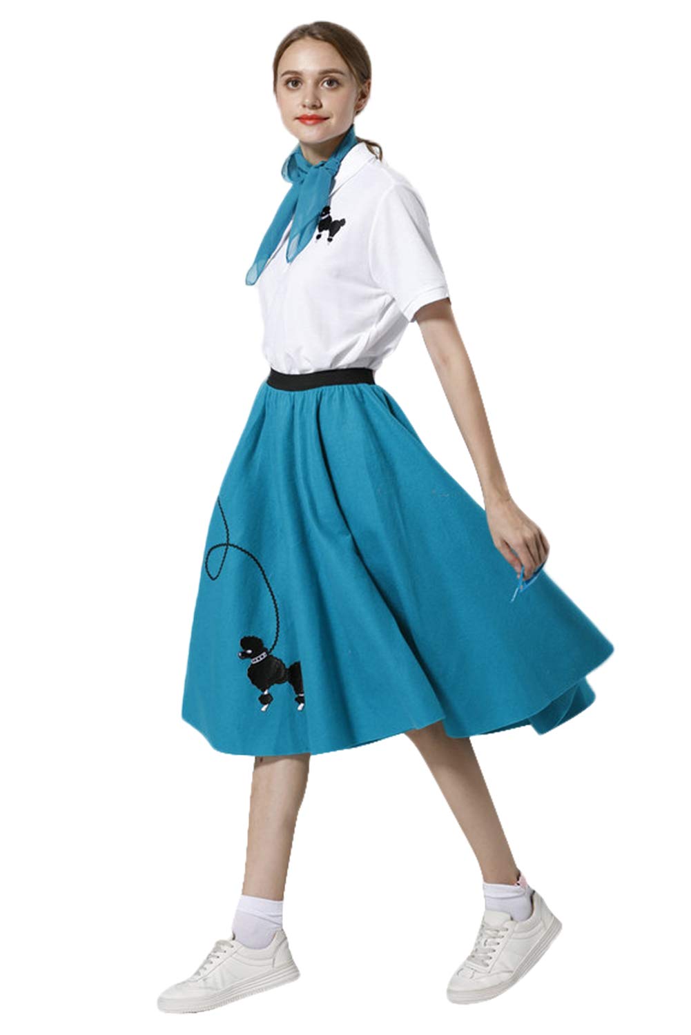 Adult 4 Piece Poodle Skirt 1950s Girls Costume Accessory Set - Glasses, Skirt, Scarf, Socks (Medium, Blue)