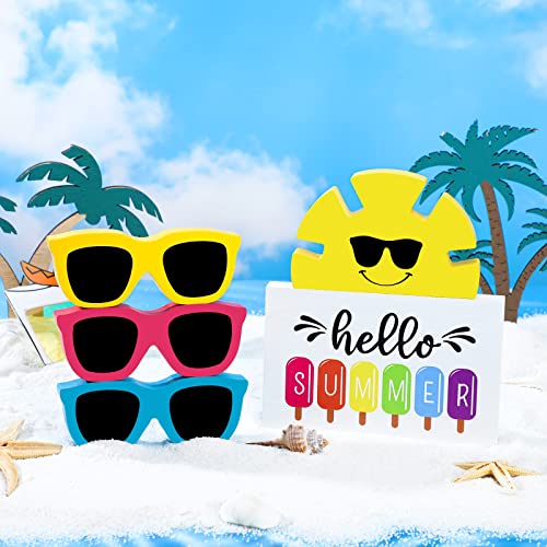 5 Pcs Summer Tiered Tray Decor Set Hello Summer Wooden Sign Sunglasses Sunshine Wood Decor Summer Table Signs Decorations For Summer Beach Holiday Party Home #TOP1