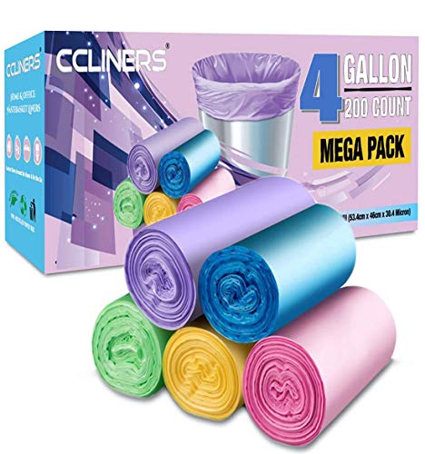 Small Trash Bags CCLINERS 4 Gallon Garbage Bags Bathroom Trash Can Liners for Home Kitchen and Office (200 Count, 5 Colors)