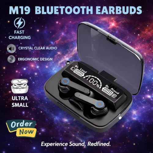 Image of M19 Bluetooth Earbuds with Fast Charging, Crystal Clear Audio, Ergonomic Design, Digital Display Charging Case