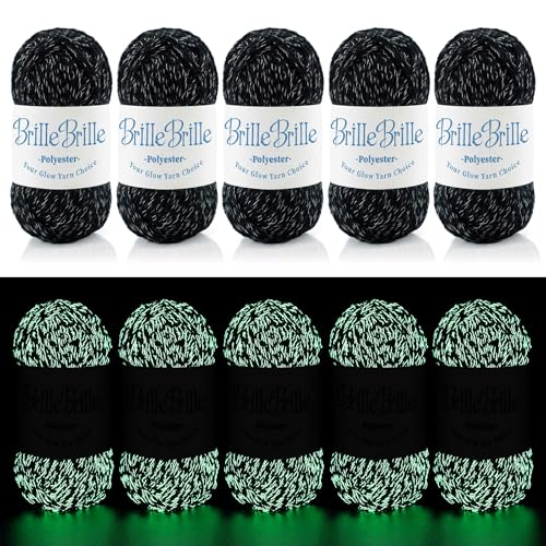BrilleBrille Glow in The Dark Yarn - 5 Pack Glow in The Dark Yarn for Crochet(260g/9oz | 273 Yards) Knitting & Crochet Thread for DIY Crafts Gifts Doll Making (Black)