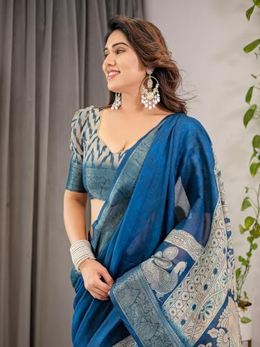 Image of ALMAARI FASHION Handloom Cotton Saree, Teal Blue with Silver Zari Border, Traditional Floral Print, 5.5 Metres with Blouse Piece