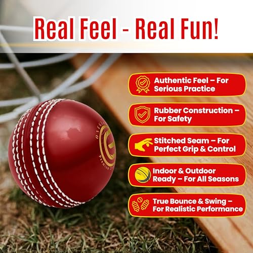 Image of Soft Rubber Cricket Ball for Practice | Outdoor & Indoor Practice Cricket Ball with Core & Stitched Seam | Realistic Feel, True Bounce & Swing for Practice, Honing Skills & Family Fun