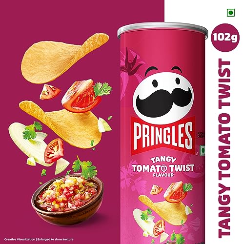 Image of Pringles Tangy Tomato Twist 102 Gram | Potato Chips | Tangy Tomato With A Twist Of Sweet & Spicy Salsa Flavour | Crispy Snack | Crunchy Snack Food For Movies, Games & More | On-The-Go Can - Tomato