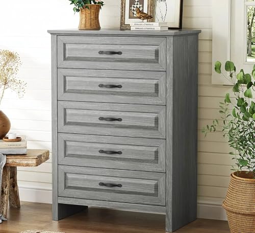 Image of Marsail 5 Drawer Dresser for Bedroom, Modern Farmhouse Wood Wide Chest of Drawers, Storage Dressers Organizer with Anti-Slip Kit for Living Room, Bedroom & Hallway
