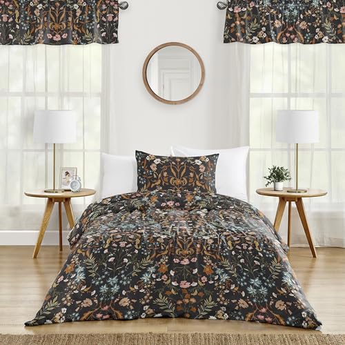 Image of Sweet Jojo Designs 2-Piece Twin Comforter Set (Black Boho Wildflower Floral) for Girls, Teen Kids Bedding, Bed in a Bag incl. Blanket & Pillow Sham (Vintage, Bohemian Farmhouse, Botanical Cottagecore)