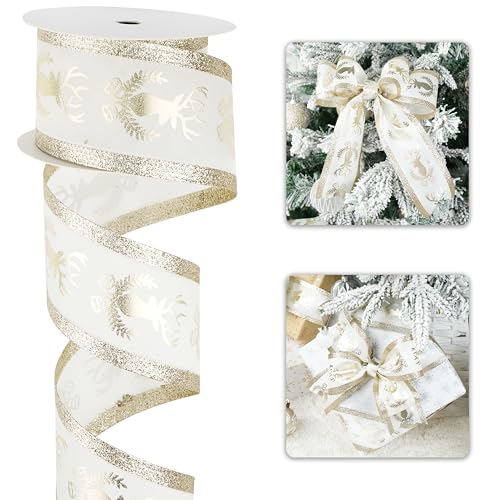 Image of LIZLOVESS Ivory and Champagne Gold Christmas Wired Ribbon 2.5" Cream and Gold Wired Reindeer Ribbon for Christmas Tree Decorations,Topper Bows, Wreaths, Garlands - 10 Yards