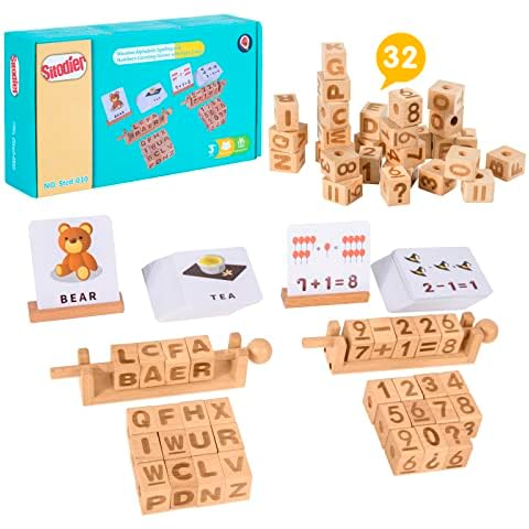 Sitodier Wooden Alphabets & Numbers Blocks, Spelling & Maths Game with Flash Cards Rotatable Letters Montessori Toy, Phonics Wooden Reading Blocks Learning Educational Toy for 3 4 5 6 year old Kids Cover