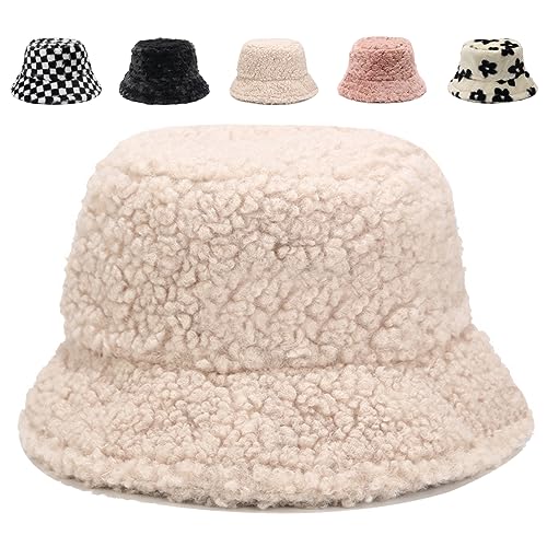 Image of Bucket Hat Women Furry Fuzzy Bucket Hats for Ladies, Winter Warm Fluffy Plush Faux Fur Hat for Women