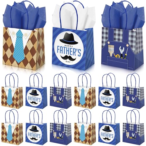 Silkfly 24 Pack Mini Fathers Day Bags Bulk with Tissue Paper 5x5x3 Small Best Dad Gifts Bags with Handles Happy Fathers Day Party Favors for Dad Grandpa Birthday Decoration Retail Wrapping