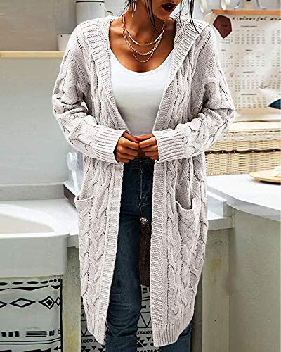 Image of Women Hooded Open Front Cardigan Cable Knit Chunky Long Sweater Coats