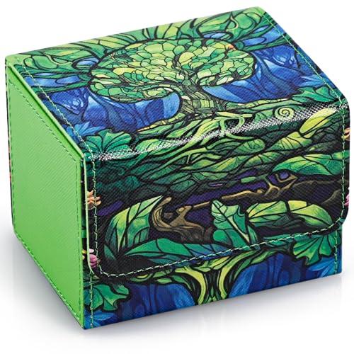 UAONO Card Deck Box for MTG, Trading Cards Storage Box Holds 120+ Sleeved Commander Deck, PU Leather Card Box Suits TCG Magic with 2 Dividers (Green,Tree)