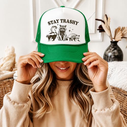 Image of Stay Trashy Funny Raccoon Graphic Classic 5 Panel Mesh Snap Back Trucker Hat