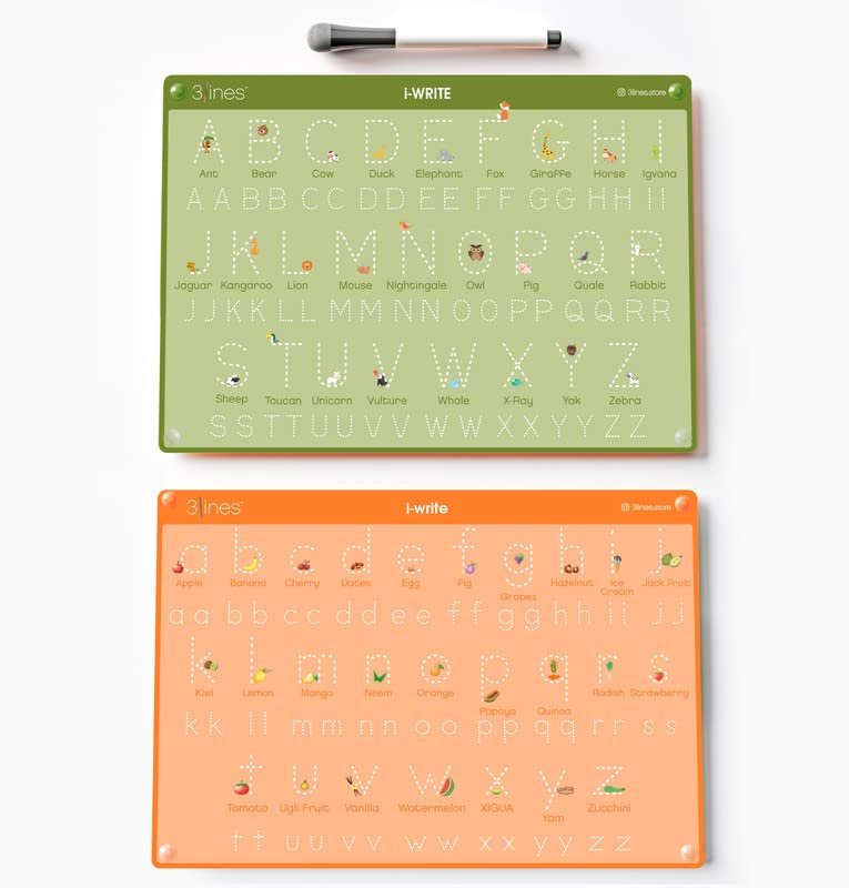Image of 3Lines I-Write Reusable Alphabet Writing Practice Board for Kids | Uppercase & Lowercase ABC Learning Toy | Educational Writing Board with Animals & Fruits | Preschool Learning Gift (Large)