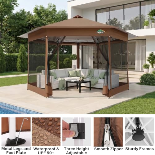 Image of COBIZI 16x16 Pop Up Gazebo Canopy Clearance Tent with Mosquito Netting,Hexagonal Outdoor Screen Gazebos Canopy Shelter, Center Lock 6-Sided Portable Gazebos for Patio Backyard Party, Brown